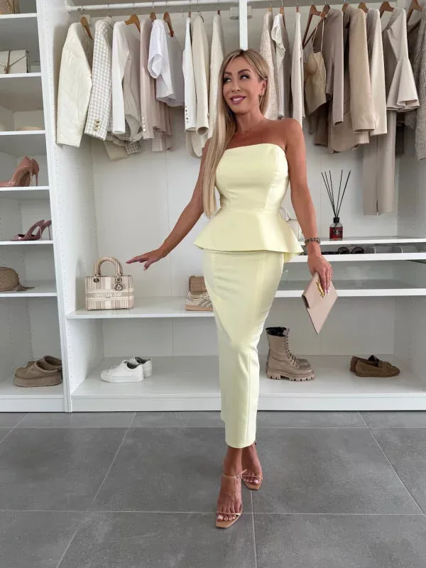 Chic Strapless Peplum Top and High-Slit Skirt Two-Piece Set