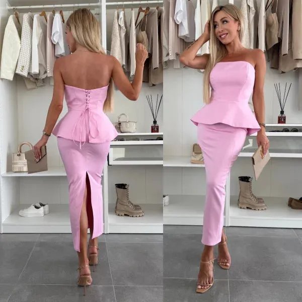 Chic Strapless Peplum Top and High-Slit Skirt Two-Piece Set