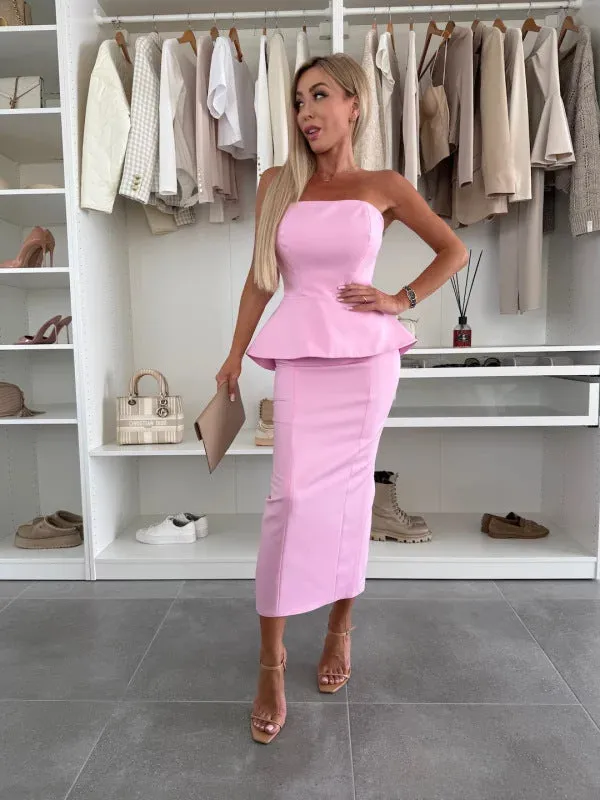 Chic Strapless Peplum Top and High-Slit Skirt Two-Piece Set