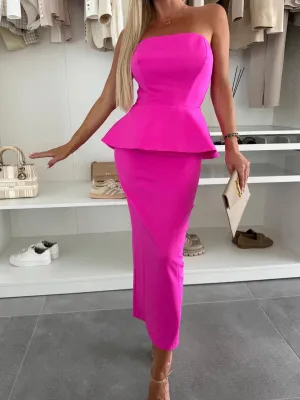 Chic Strapless Peplum Top and High-Slit Skirt Two-Piece Set