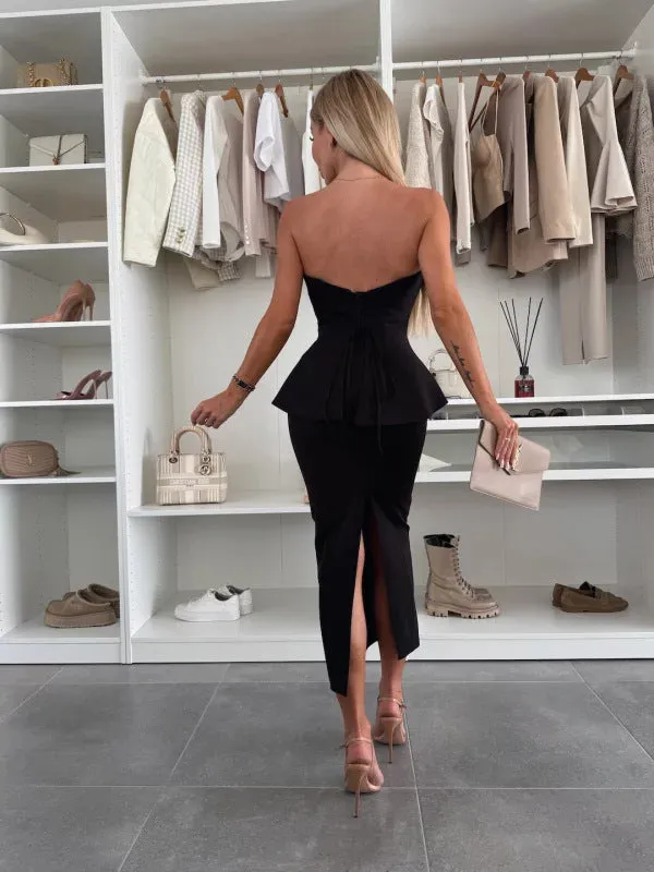 Chic Strapless Peplum Top and High-Slit Skirt Two-Piece Set