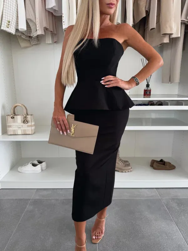 Chic Strapless Peplum Top and High-Slit Skirt Two-Piece Set