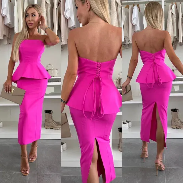 Chic Strapless Peplum Top and High-Slit Skirt Two-Piece Set