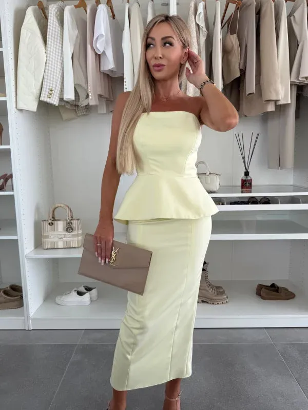 Chic Strapless Peplum Top and High-Slit Skirt Two-Piece Set