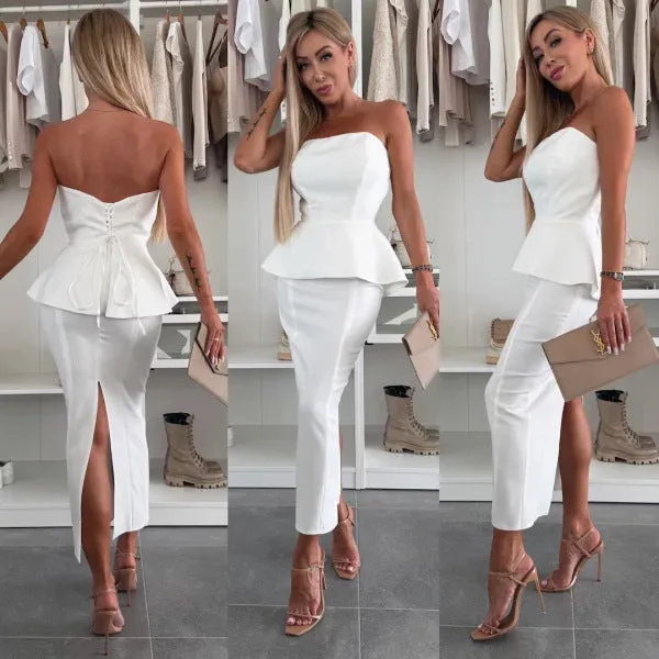 Chic Strapless Peplum Top and High-Slit Skirt Two-Piece Set