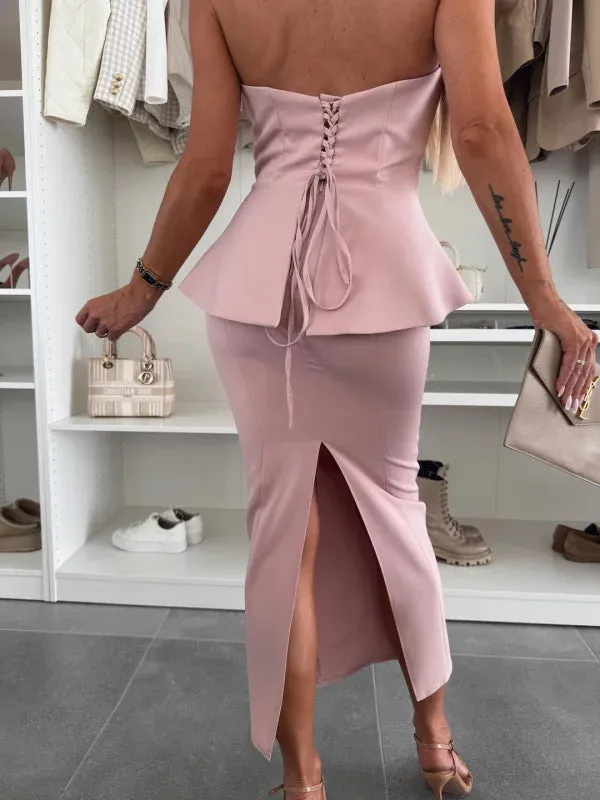 Chic Strapless Peplum Top and High-Slit Skirt Two-Piece Set