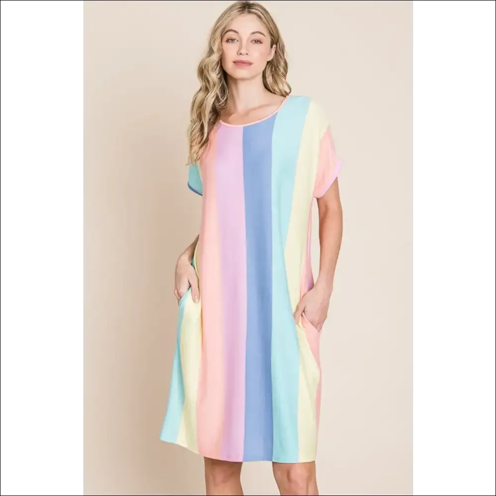 Chic Striped Short Sleeve Dress with Pockets