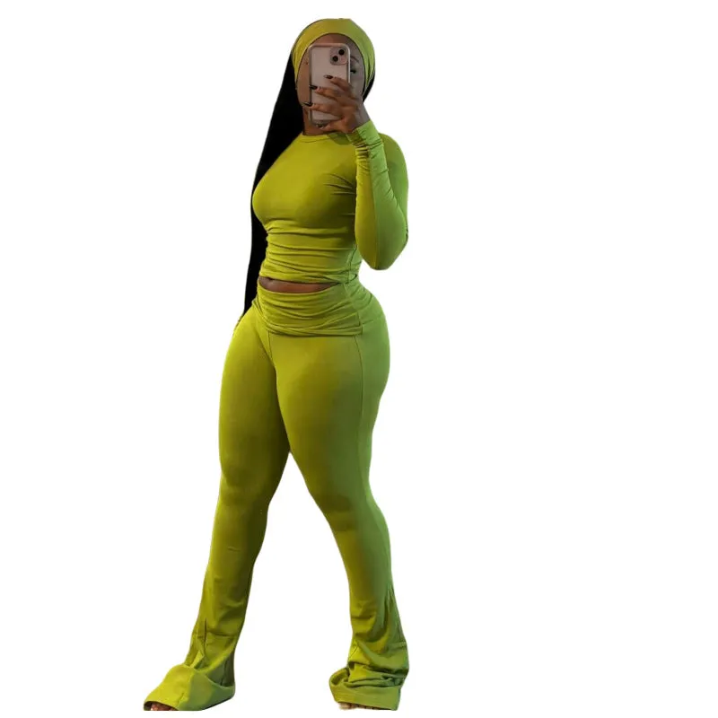 Cozy Solid Color Fitted Two-Piece Set with Matching Turban