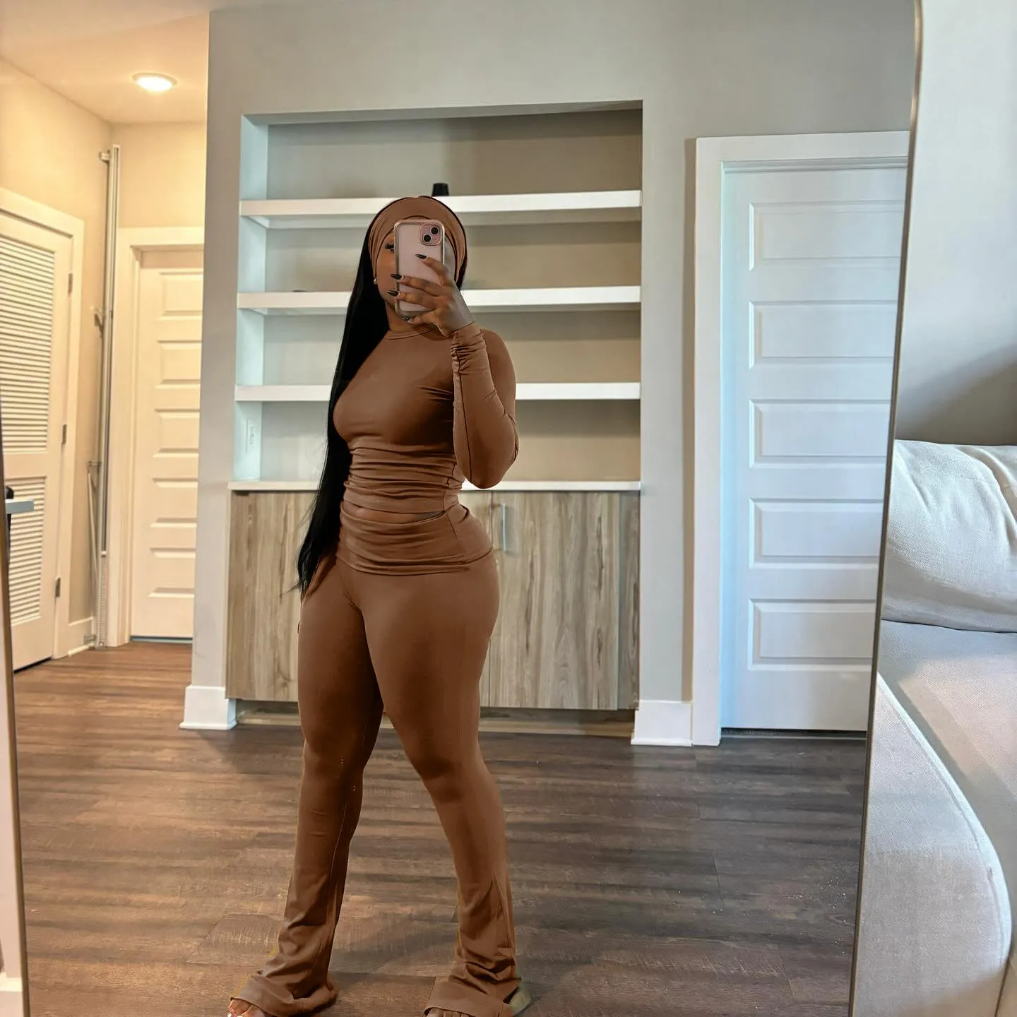 Cozy Solid Color Fitted Two-Piece Set with Matching Turban