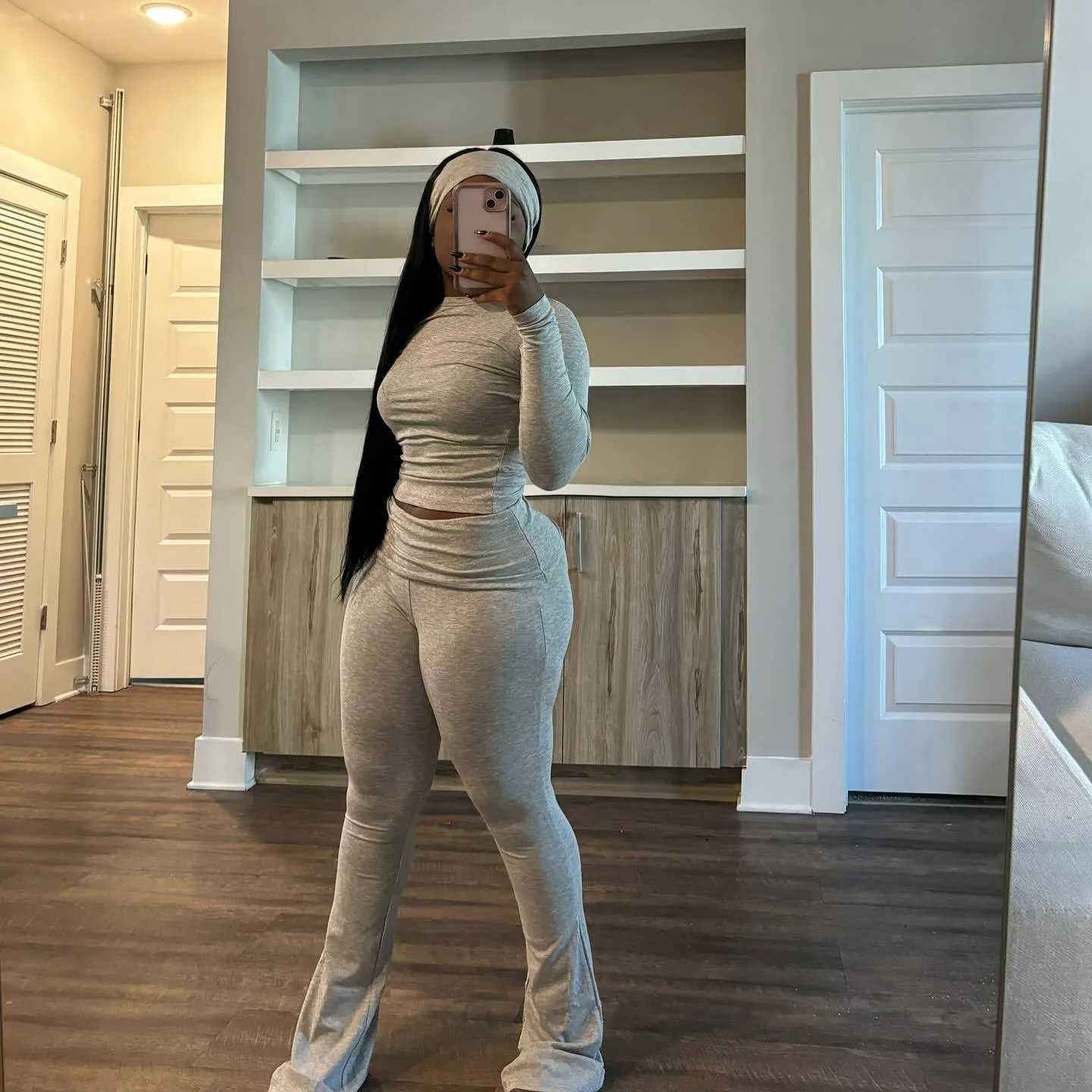 Cozy Solid Color Fitted Two-Piece Set with Matching Turban