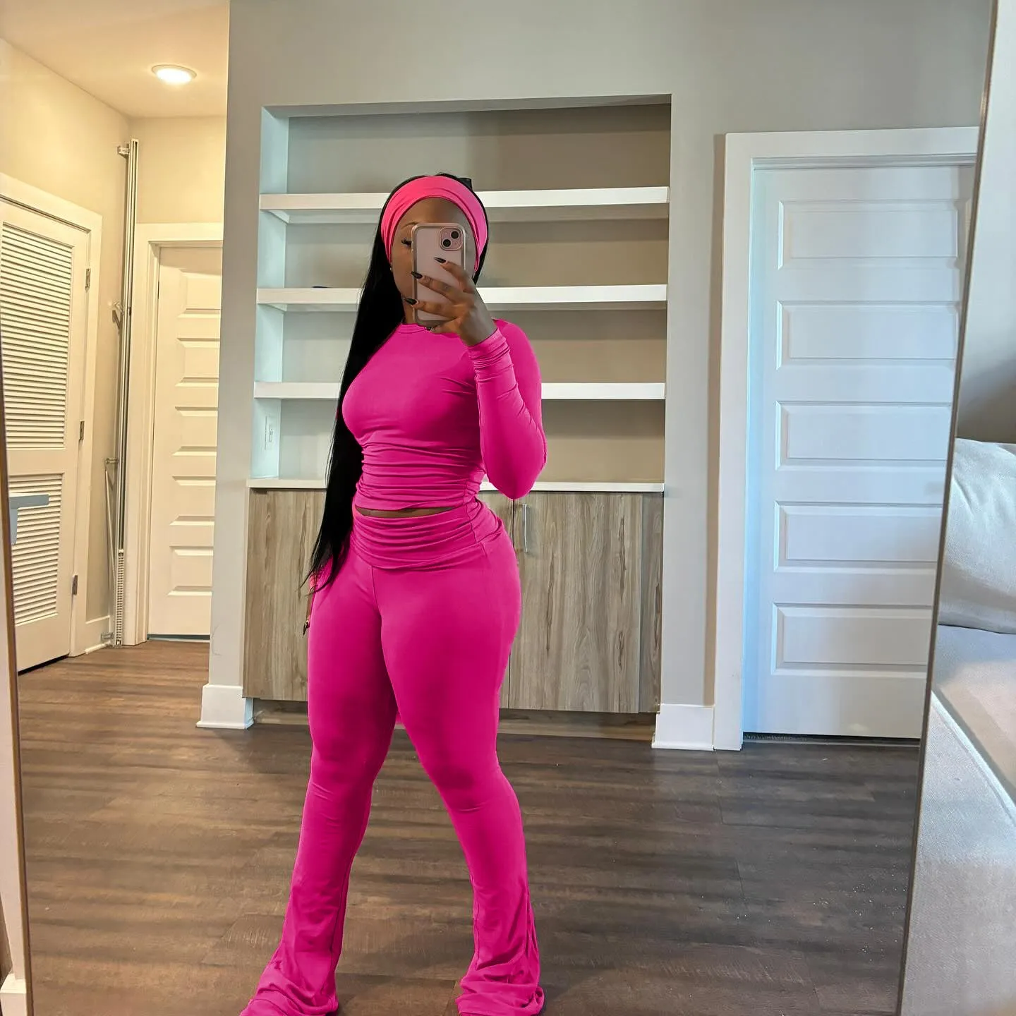 Cozy Solid Color Fitted Two-Piece Set with Matching Turban