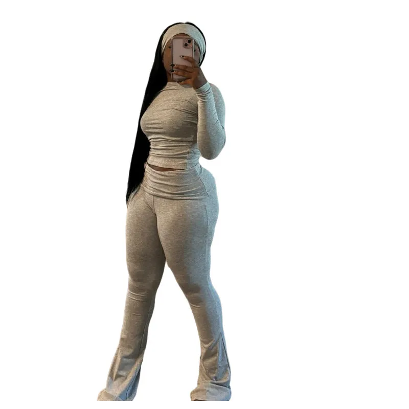 Cozy Solid Color Fitted Two-Piece Set with Matching Turban
