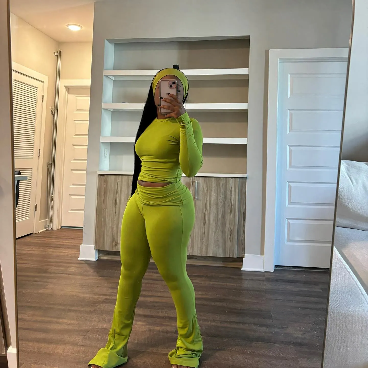 Cozy Solid Color Fitted Two-Piece Set with Matching Turban
