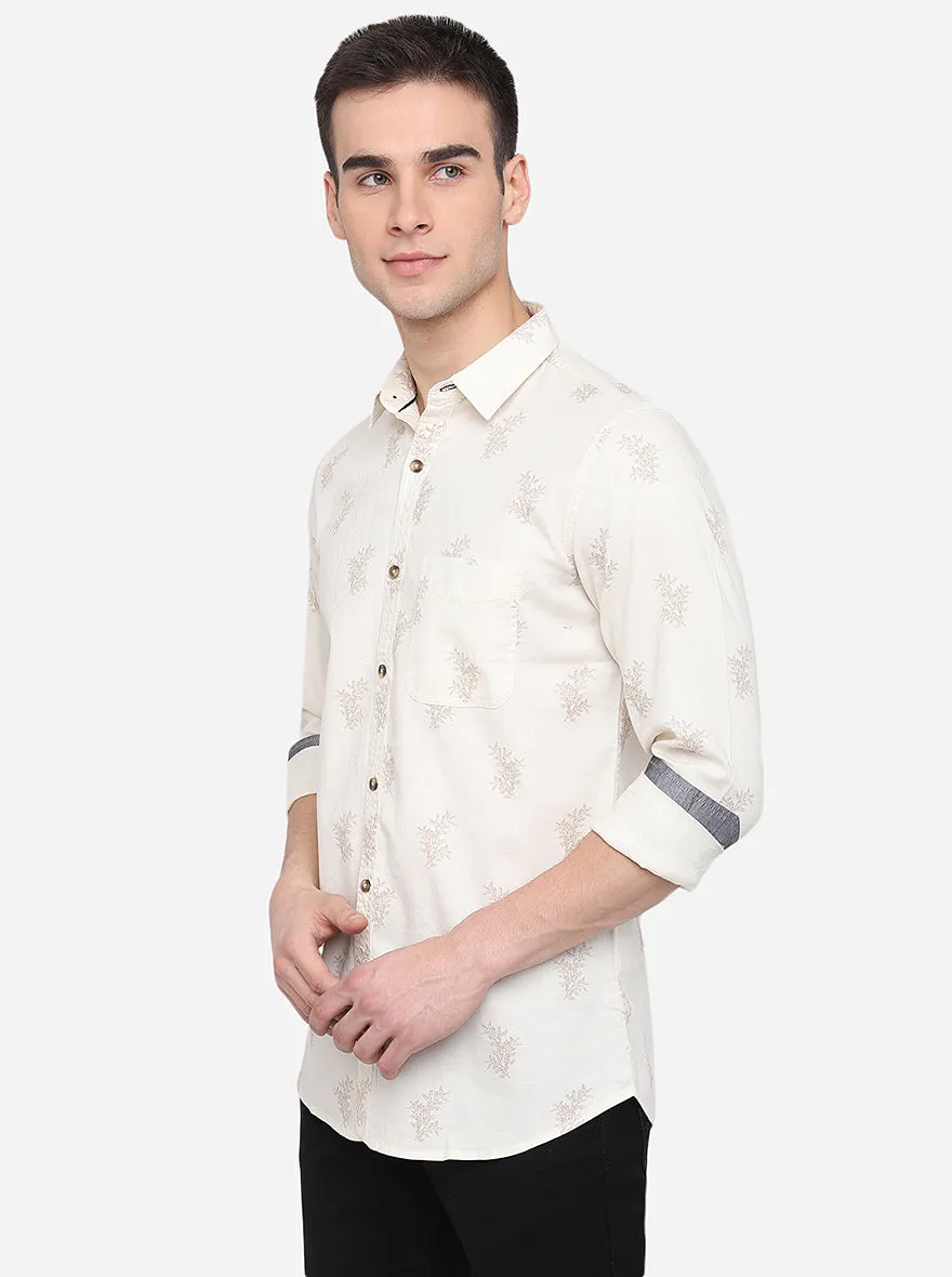 Cream Printed Slim Fit Casual Shirt | JadeBlue