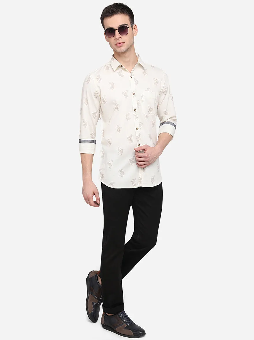 Cream Printed Slim Fit Casual Shirt | JadeBlue