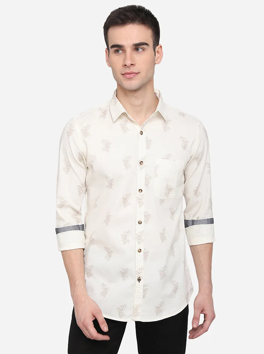 Cream Printed Slim Fit Casual Shirt | JadeBlue