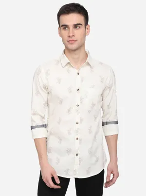 Cream Printed Slim Fit Casual Shirt | JadeBlue