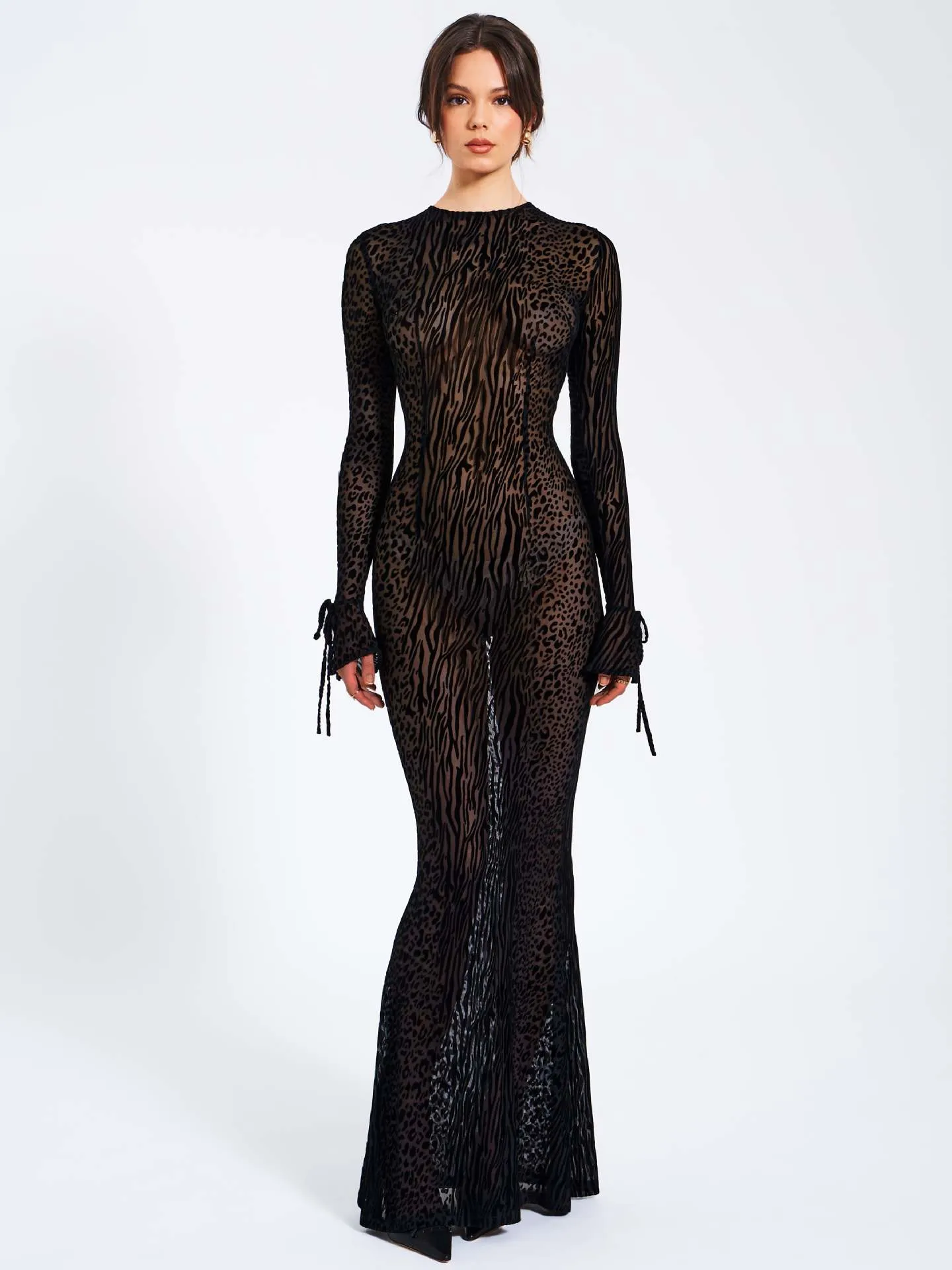 Daring Leopard Mesh Long Dress with Low Back and Flared Silhouette