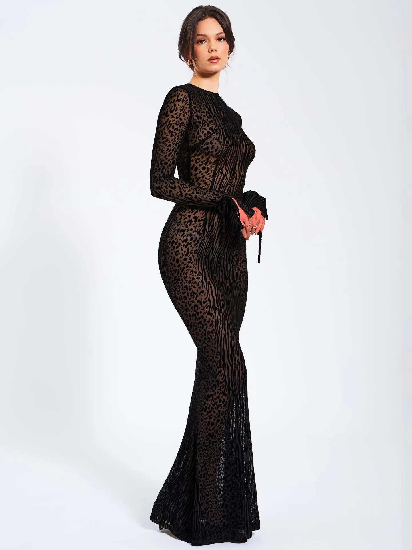 Daring Leopard Mesh Long Dress with Low Back and Flared Silhouette