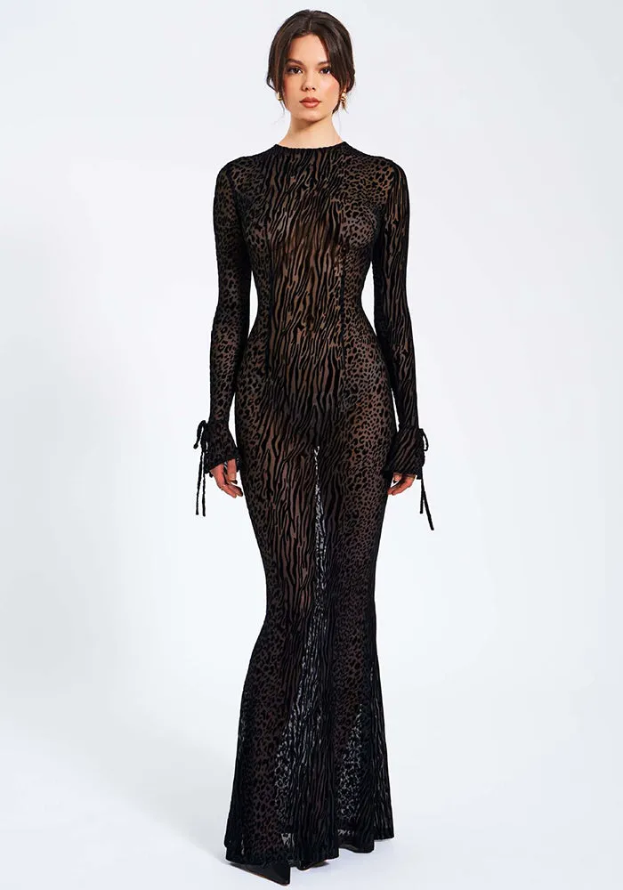 Daring Leopard Mesh Long Dress with Low Back and Flared Silhouette