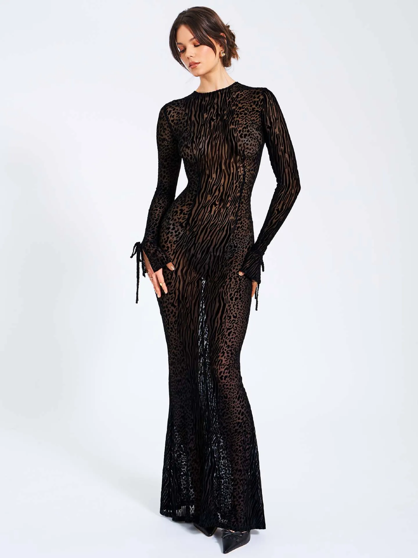 Daring Leopard Mesh Long Dress with Low Back and Flared Silhouette