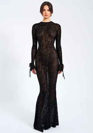 Daring Leopard Mesh Long Dress with Low Back and Flared Silhouette