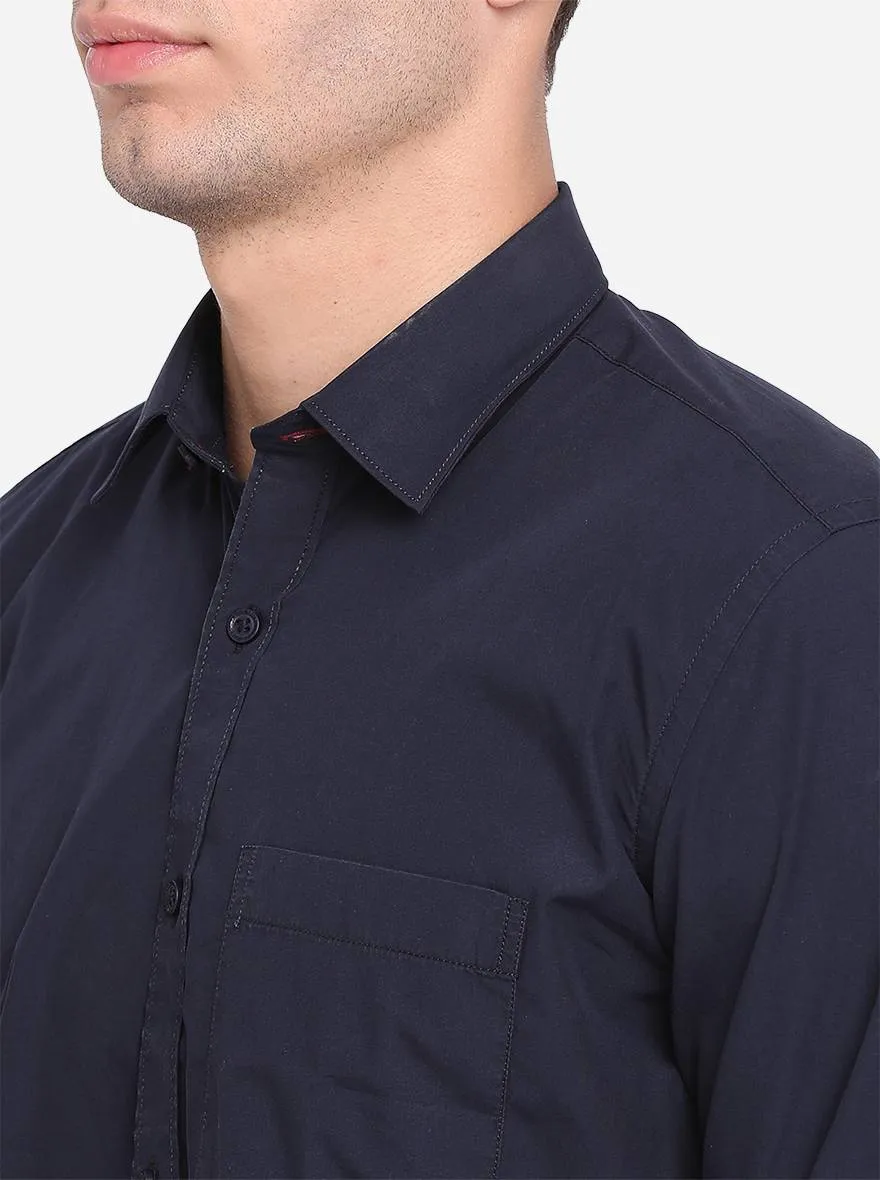 Dark Blue Solid Slim Fit Casual Shirt | JadeBlue