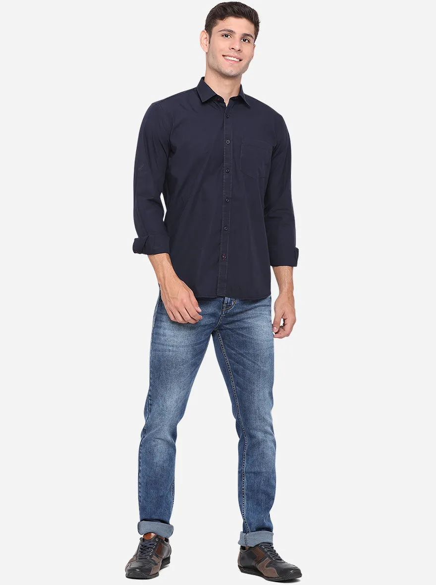 Dark Blue Solid Slim Fit Casual Shirt | JadeBlue