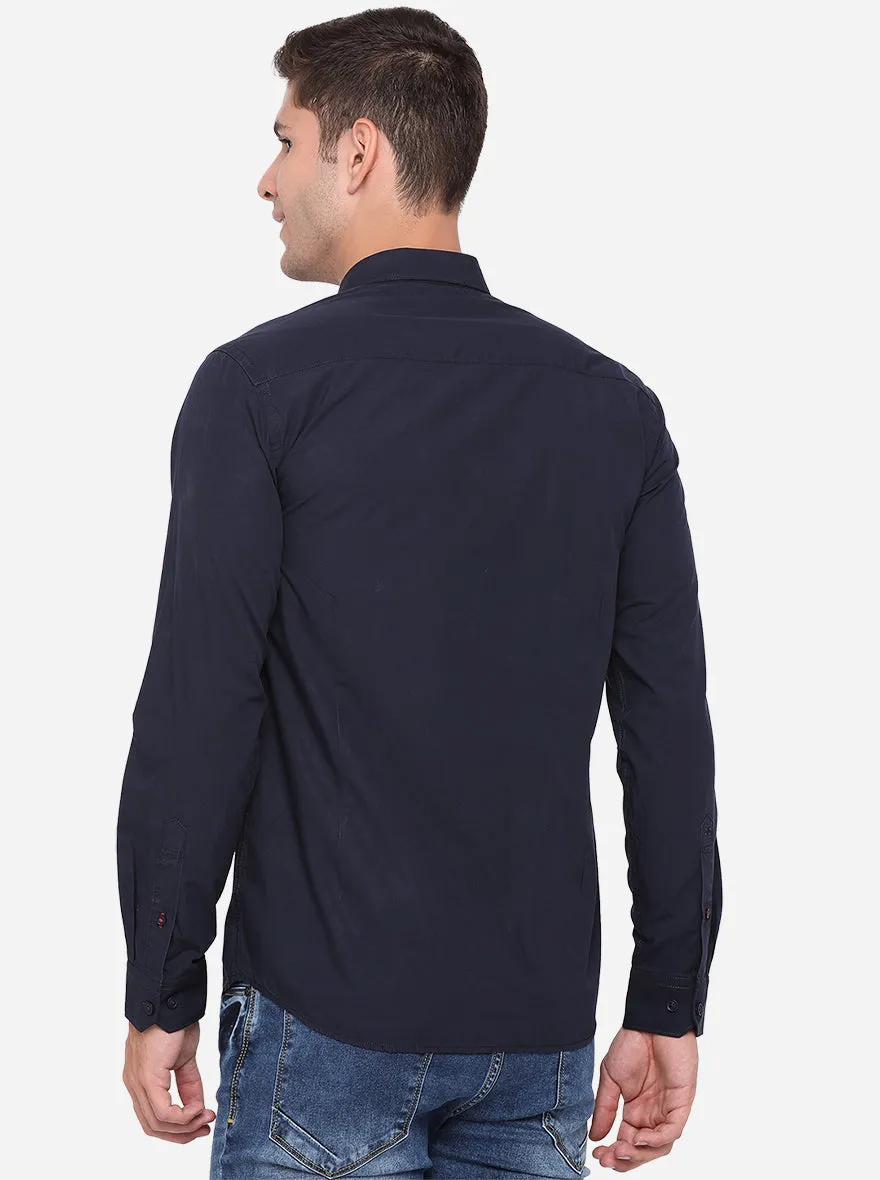 Dark Blue Solid Slim Fit Casual Shirt | JadeBlue