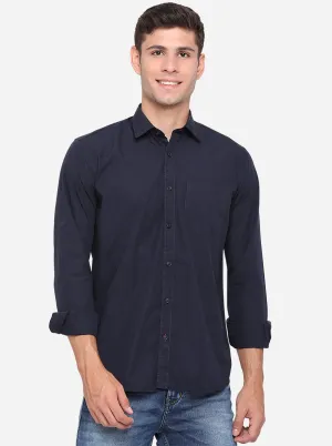 Dark Blue Solid Slim Fit Casual Shirt | JadeBlue