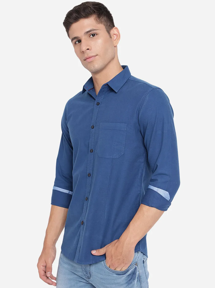 Dark Blue Solid Slim Fit Semi Casual Shirt | JadeBlue