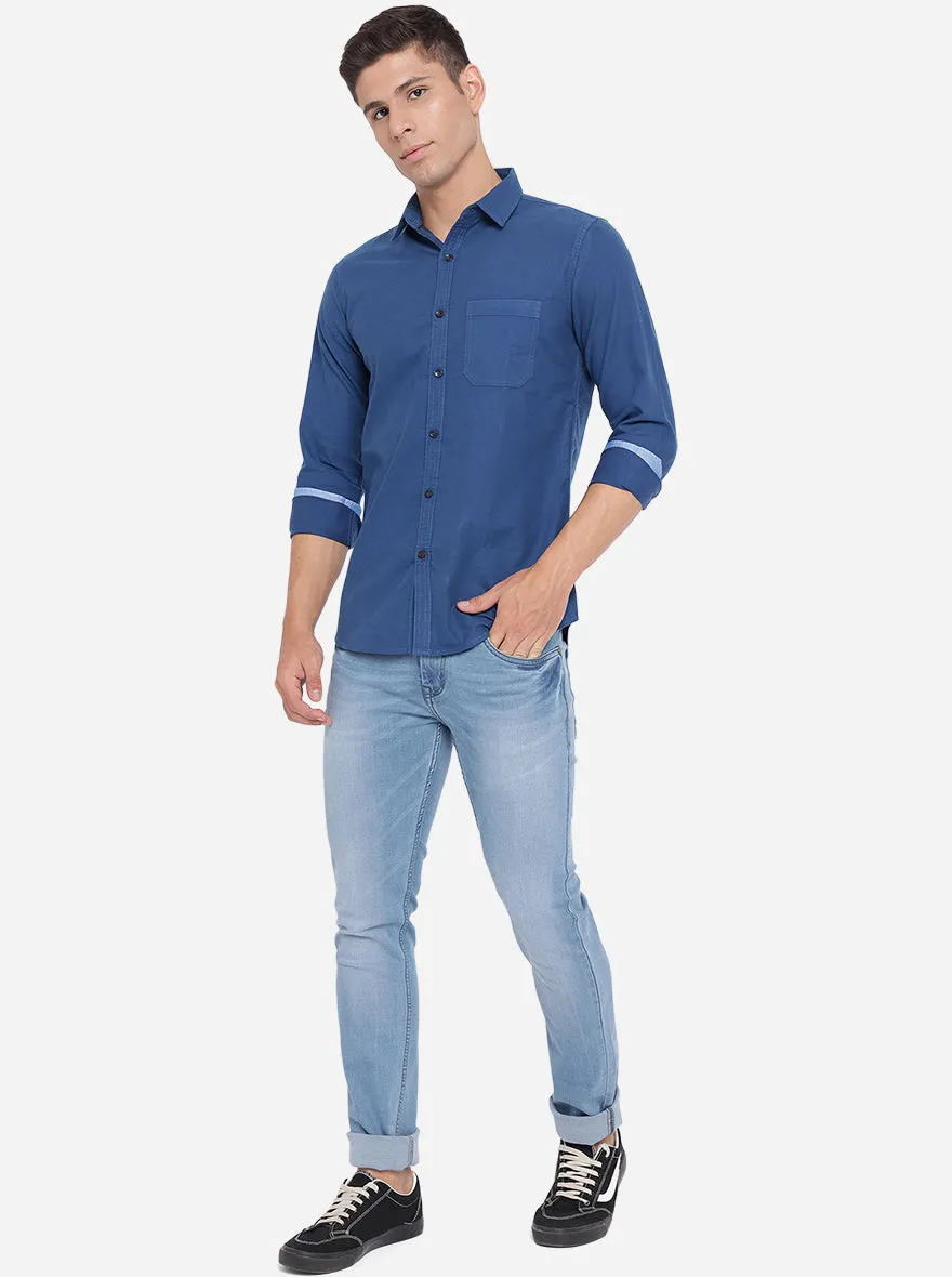 Dark Blue Solid Slim Fit Semi Casual Shirt | JadeBlue