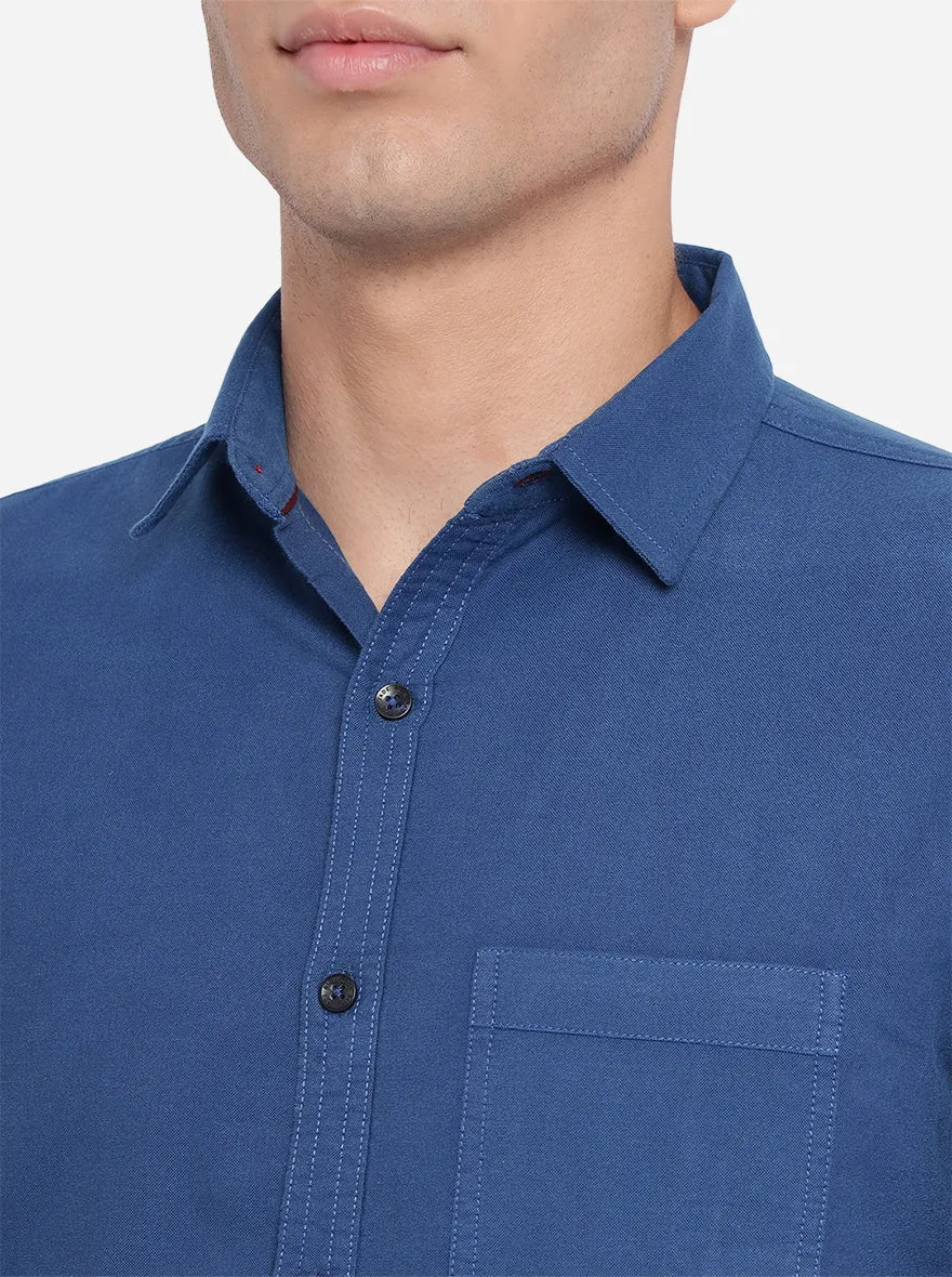 Dark Blue Solid Slim Fit Semi Casual Shirt | JadeBlue