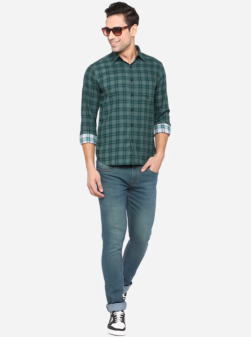 Dark Green Checked Slim Fit Semi Casual Shirt | Greenfibre