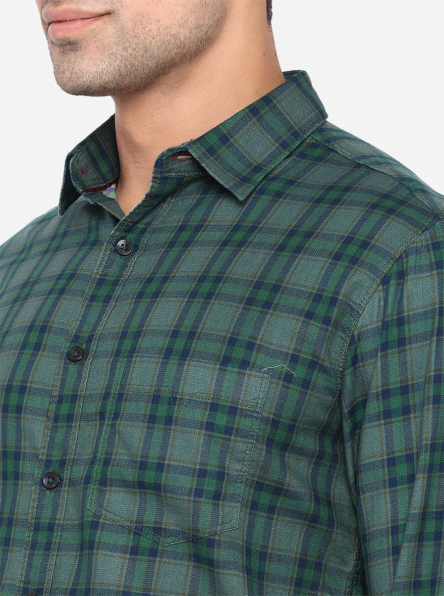 Dark Green Checked Slim Fit Semi Casual Shirt | Greenfibre