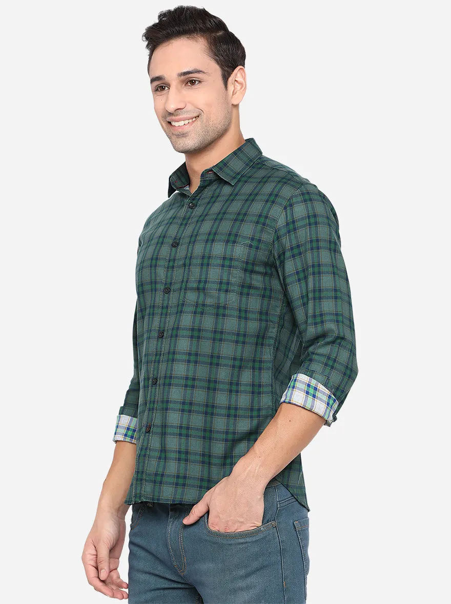 Dark Green Checked Slim Fit Semi Casual Shirt | Greenfibre