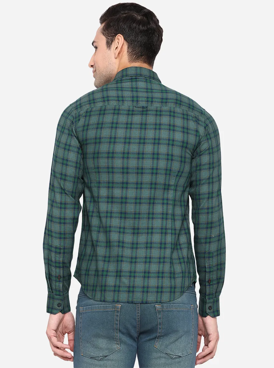 Dark Green Checked Slim Fit Semi Casual Shirt | Greenfibre