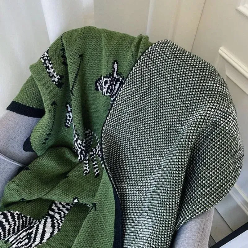 Dark Green Zebra Knitted Cotton Blanket with Black Fringes