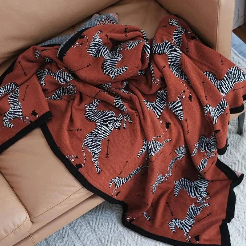 Dark Green Zebra Knitted Cotton Blanket with Black Fringes