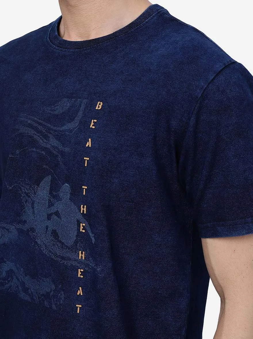 Denim Blue Printed Slim Fit T-Shirt | JadeBlue