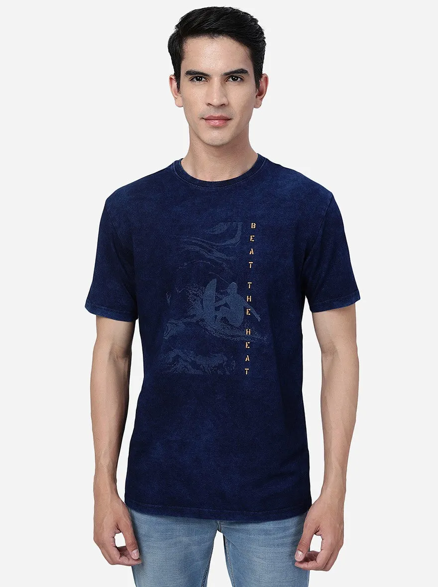 Denim Blue Printed Slim Fit T-Shirt | JadeBlue