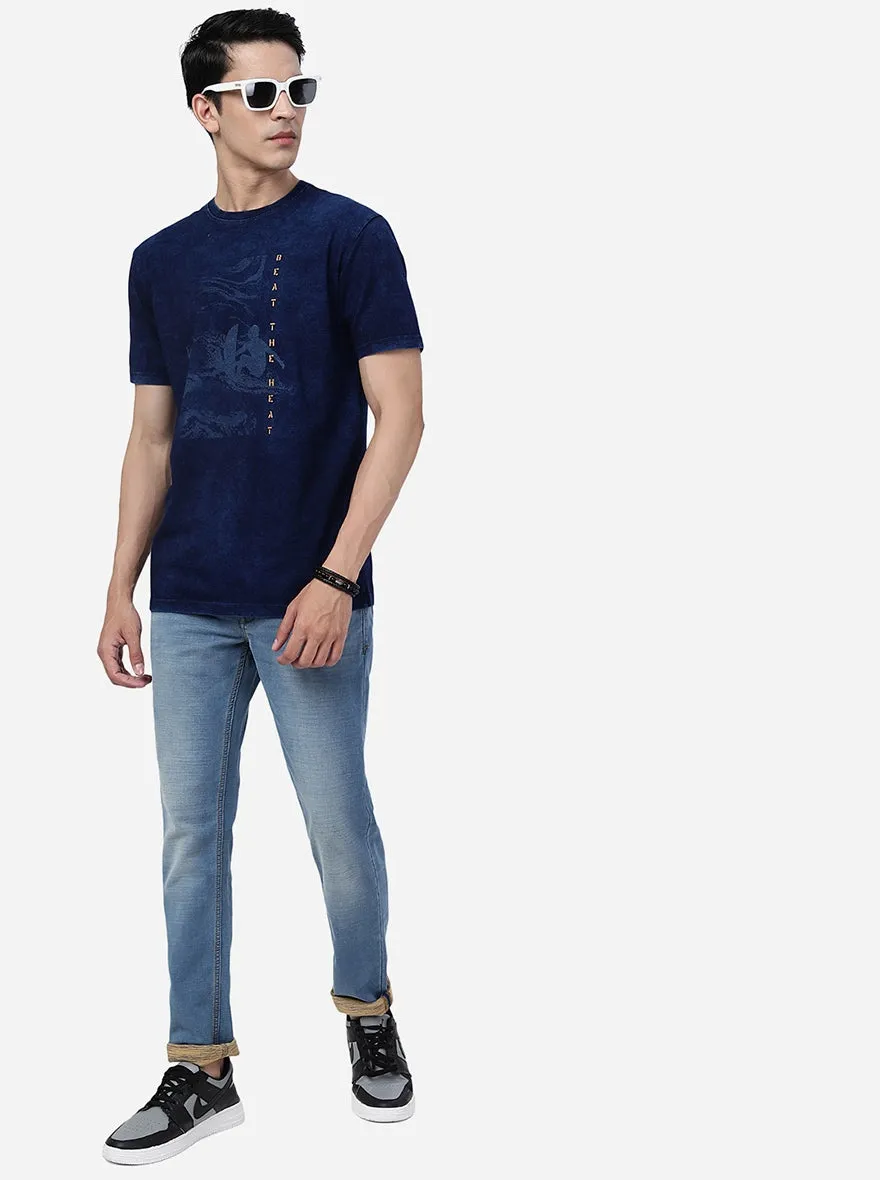 Denim Blue Printed Slim Fit T-Shirt | JadeBlue