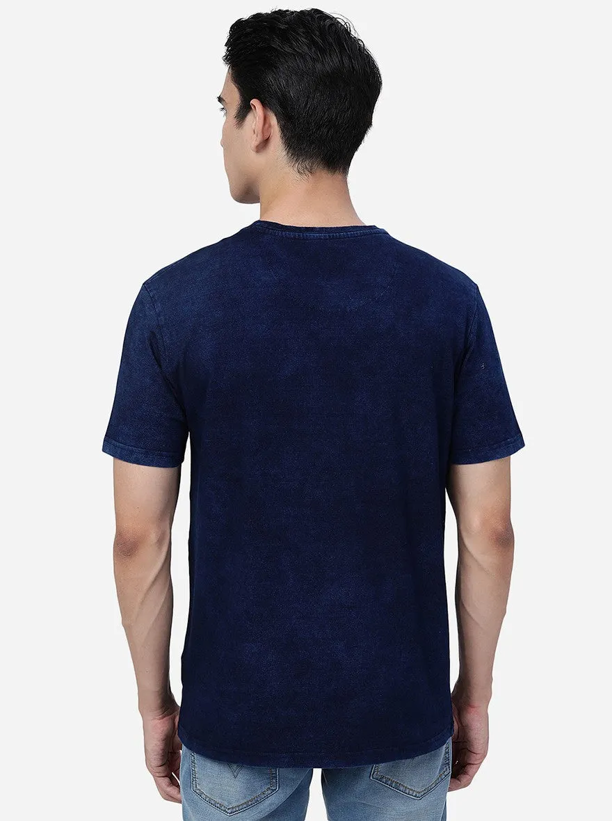 Denim Blue Printed Slim Fit T-Shirt | JadeBlue