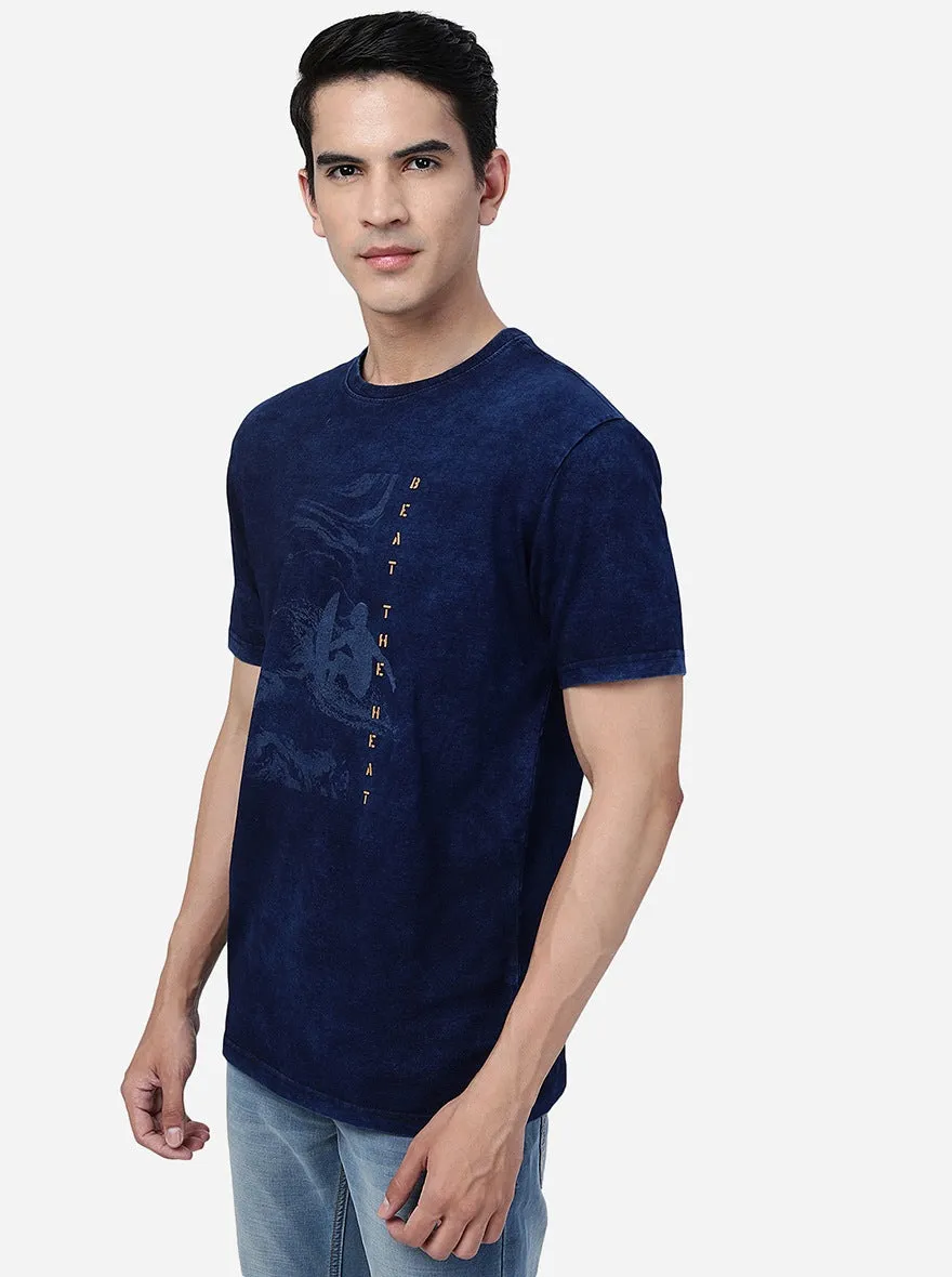 Denim Blue Printed Slim Fit T-Shirt | JadeBlue