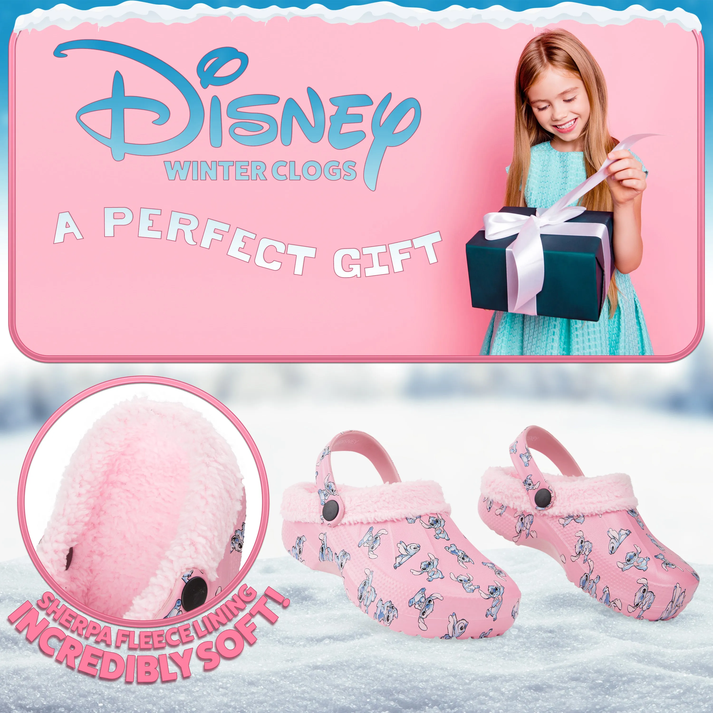 Disney Stitch Winter Clogs Fleece Lining & Removable Charms, Kids Garden Shoes Slip On with Strap
