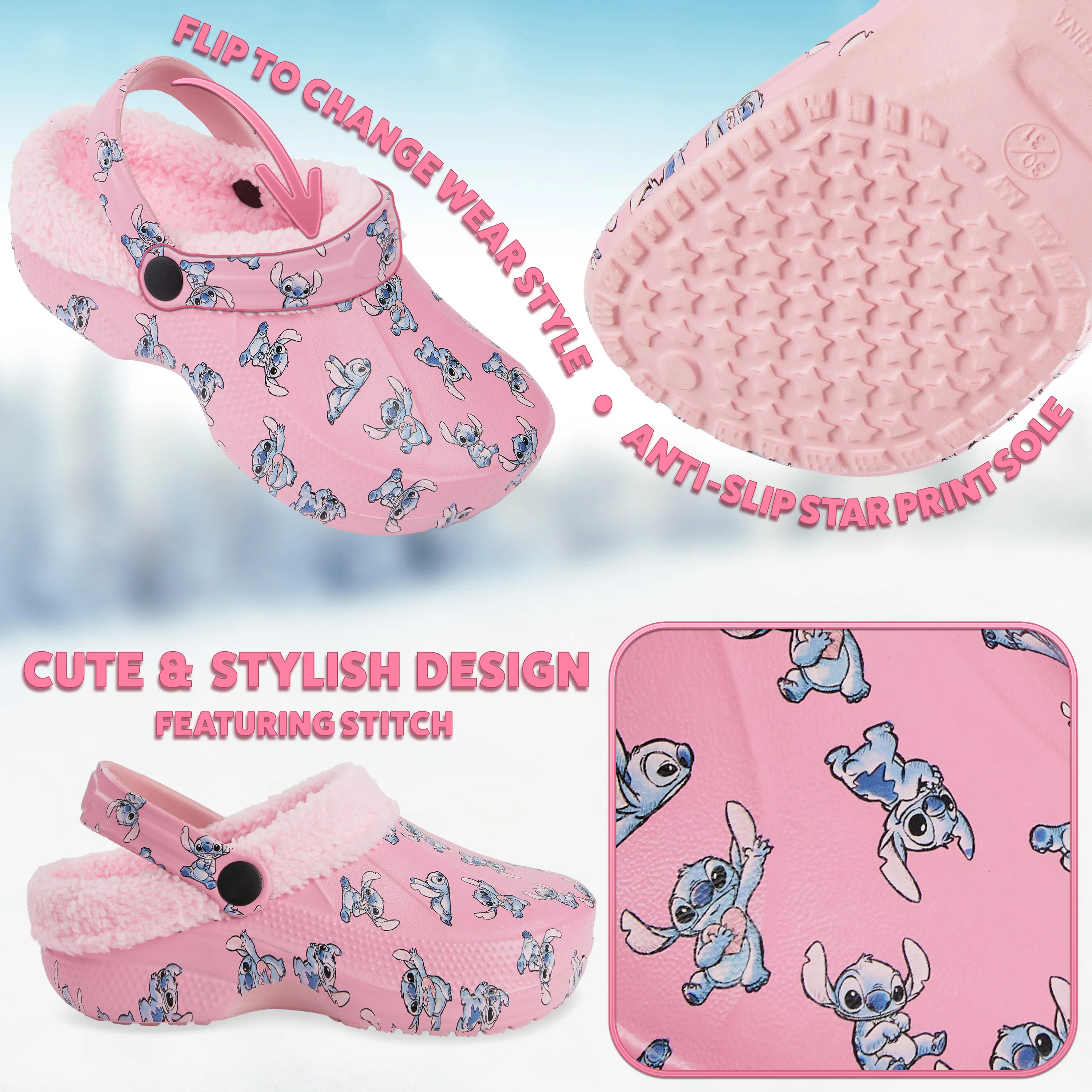 Disney Stitch Winter Clogs Fleece Lining & Removable Charms, Kids Garden Shoes Slip On with Strap