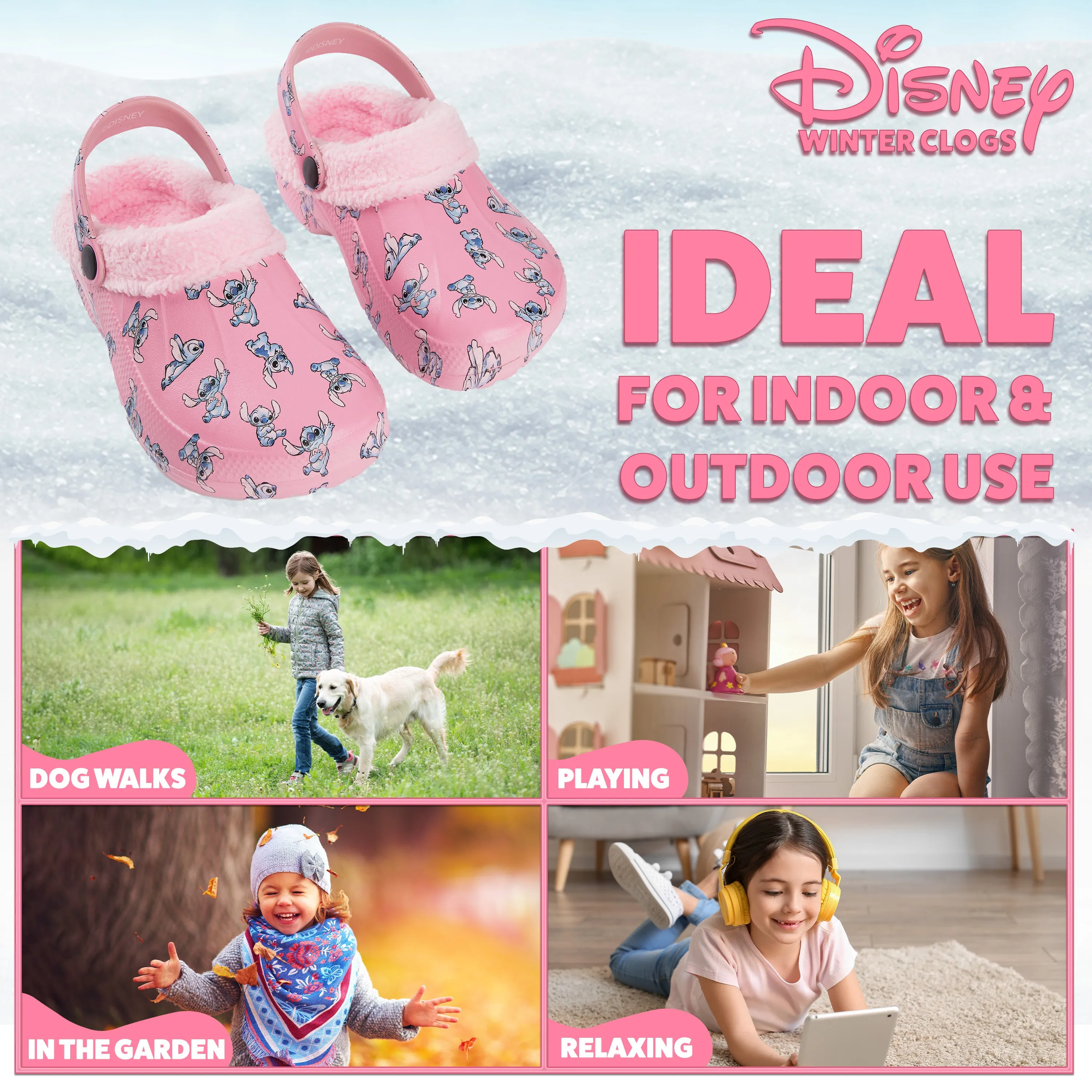 Disney Stitch Winter Clogs Fleece Lining & Removable Charms, Kids Garden Shoes Slip On with Strap