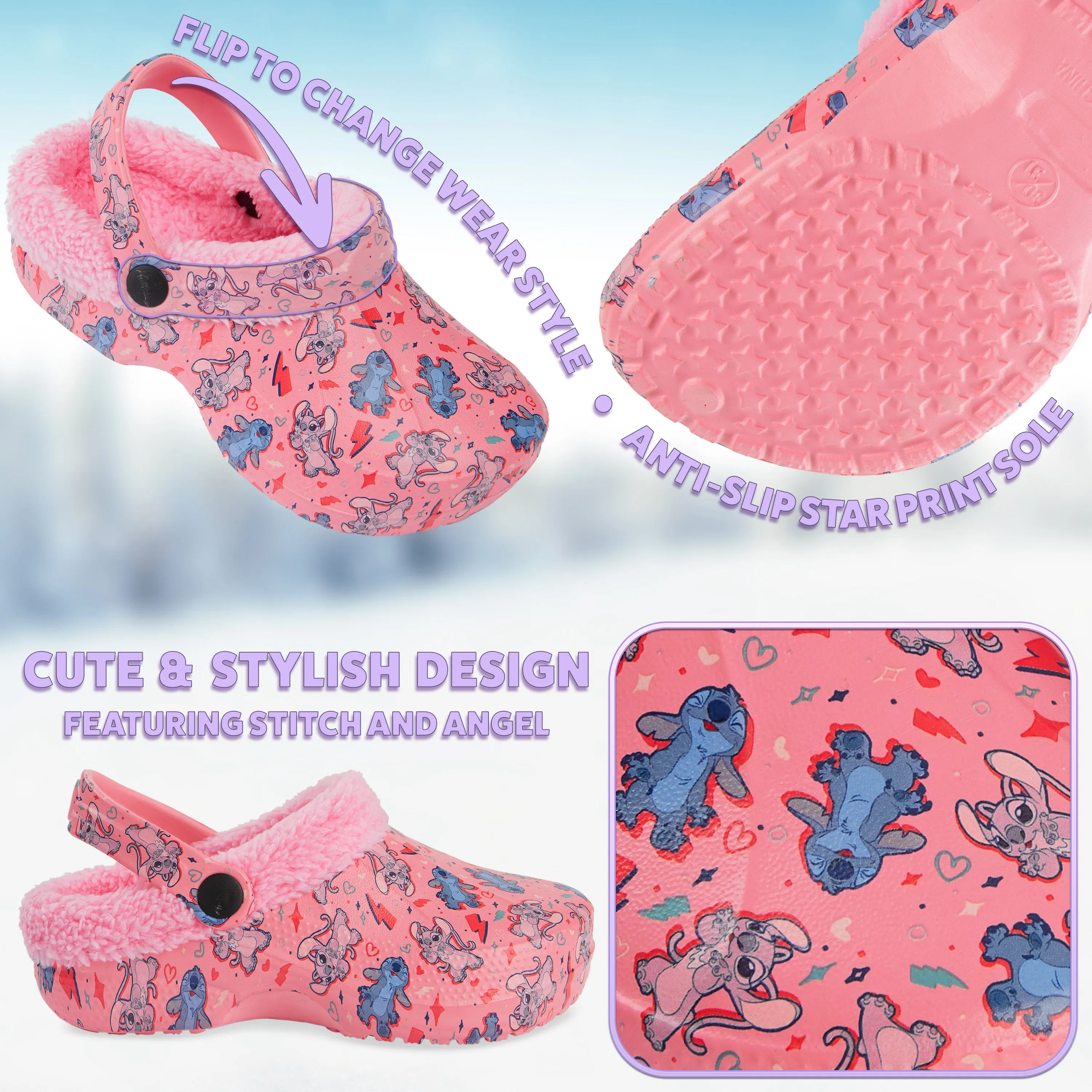 Disney Stitch Winter Clogs Fleece Lining & Removable Charms, Kids Garden Shoes Slip On