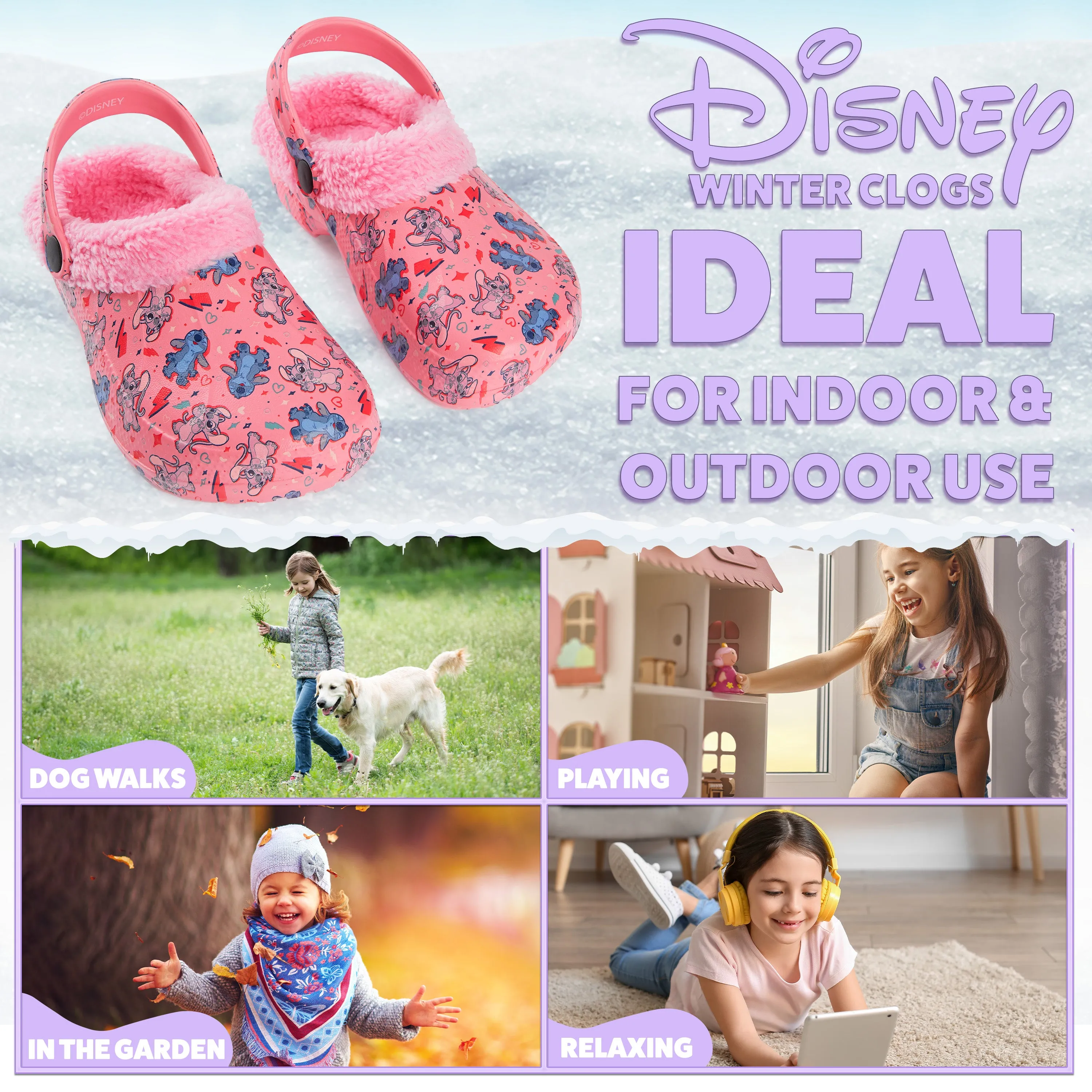 Disney Stitch Winter Clogs Fleece Lining & Removable Charms, Kids Garden Shoes Slip On