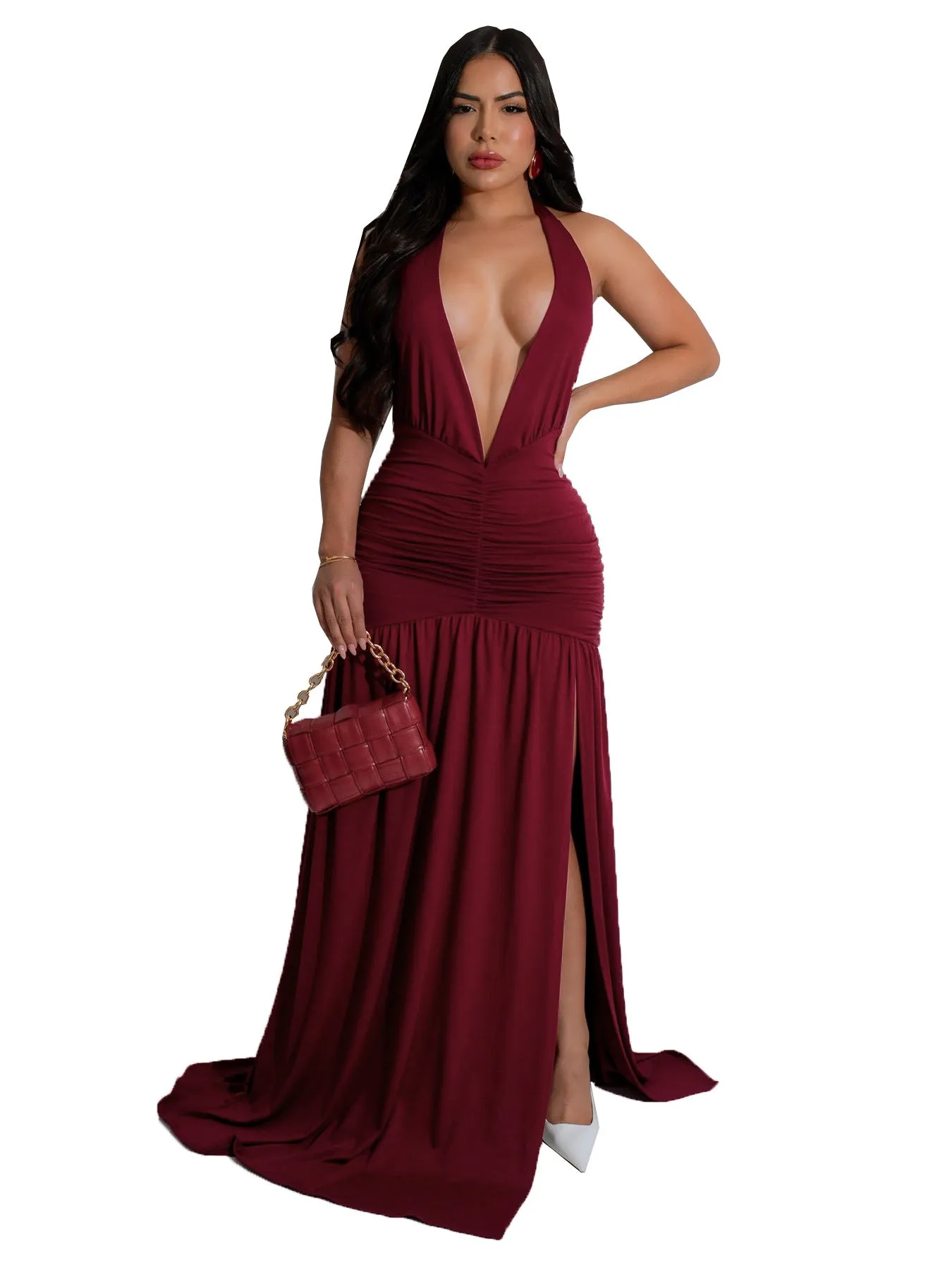 Dramatic Deep V Halter Gown with High Slit for Show-Stopping Elegance
